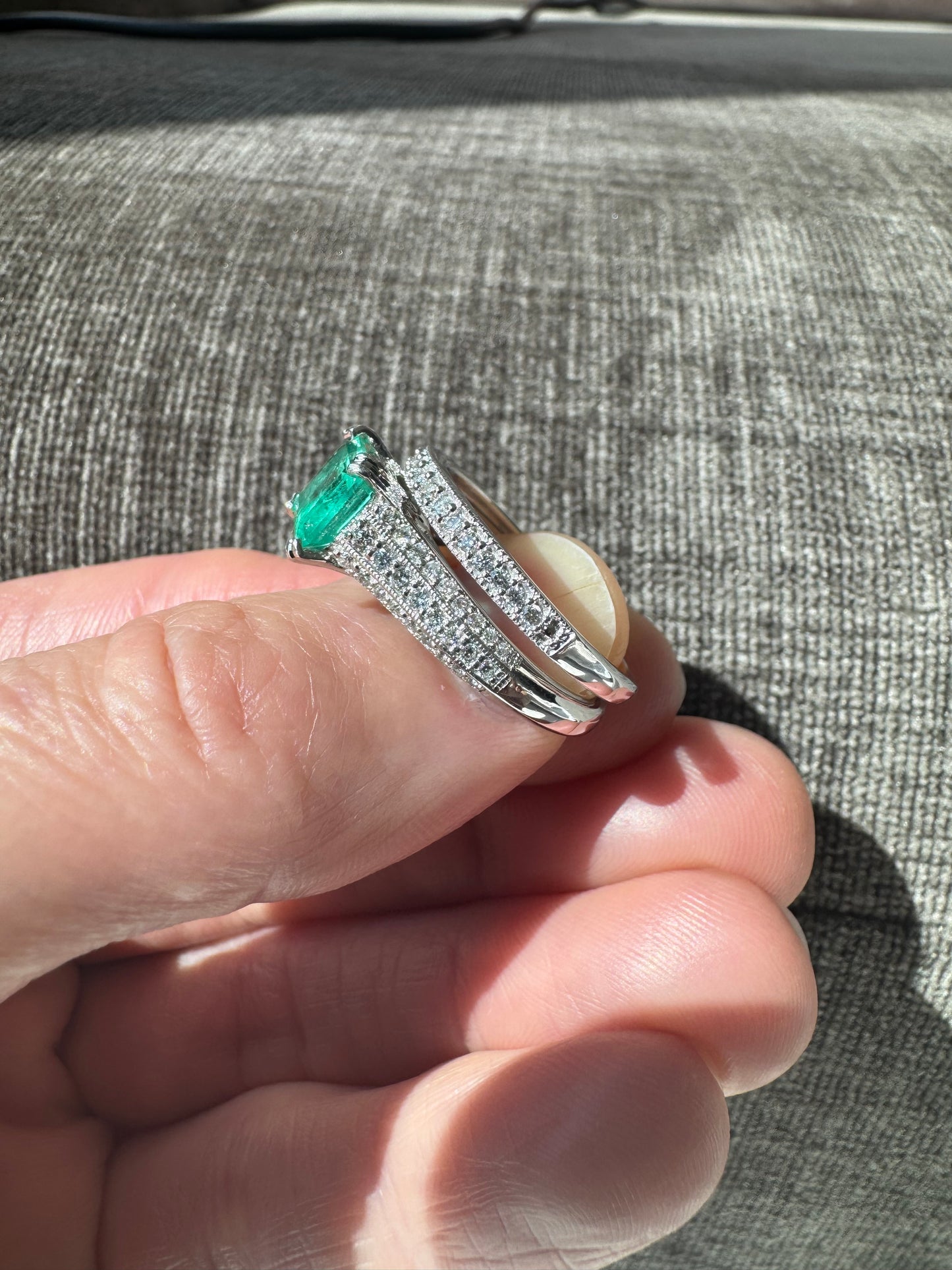 Estate Platinum Natural Columbian Emerald & Diamond Ring with Band
