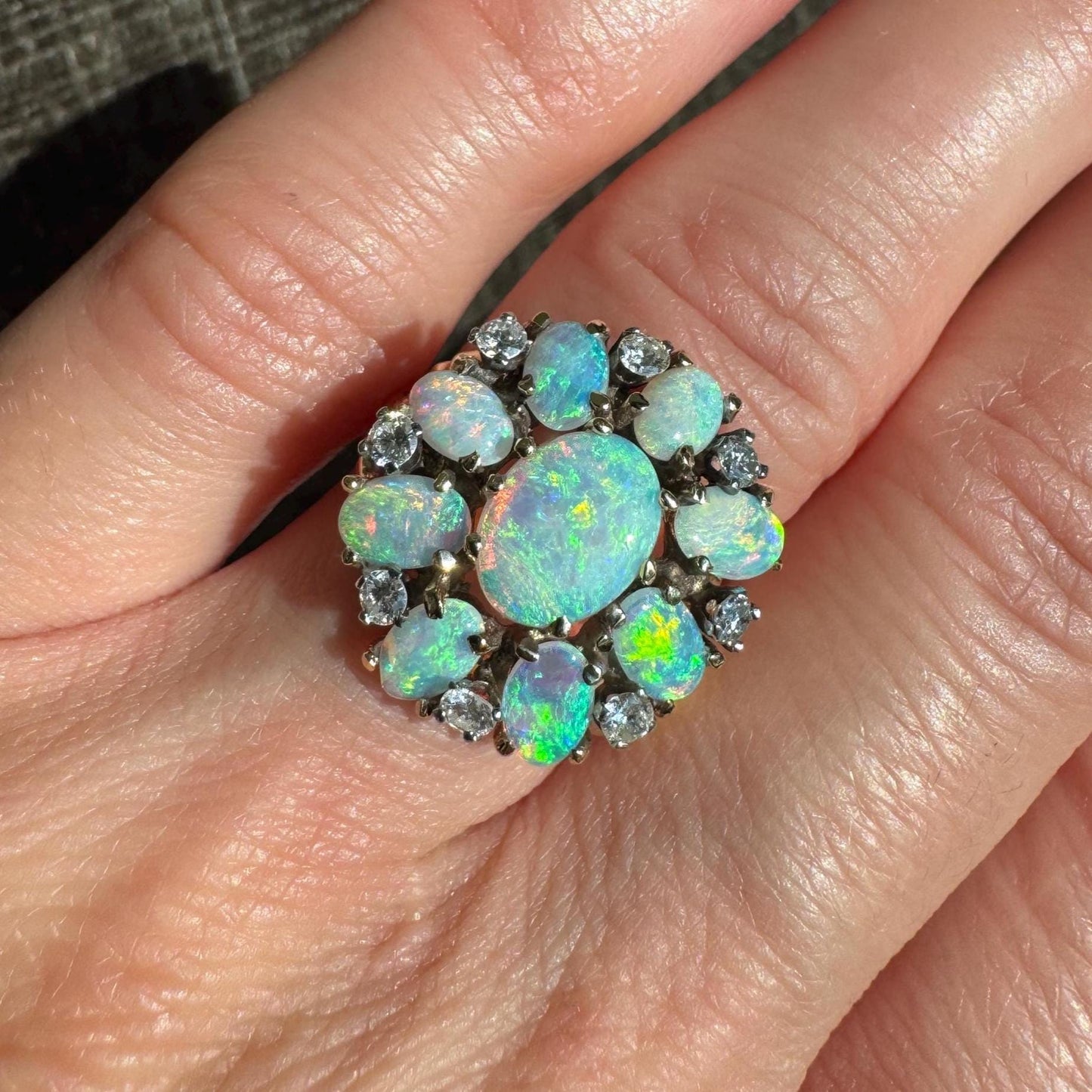 Stunning 14K Solid Yellow Gold Natural Opal and Diamond Ring