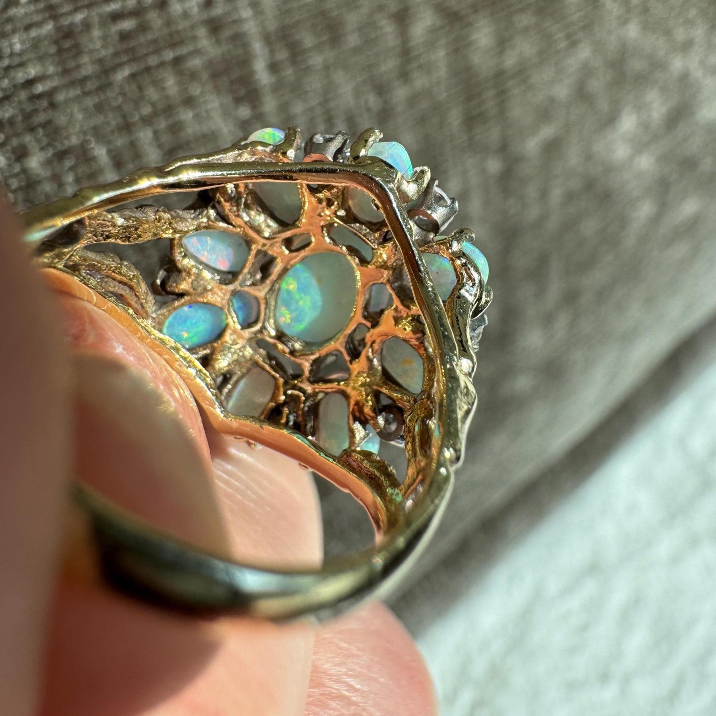 Stunning 14K Solid Yellow Gold Natural Opal and Diamond Ring