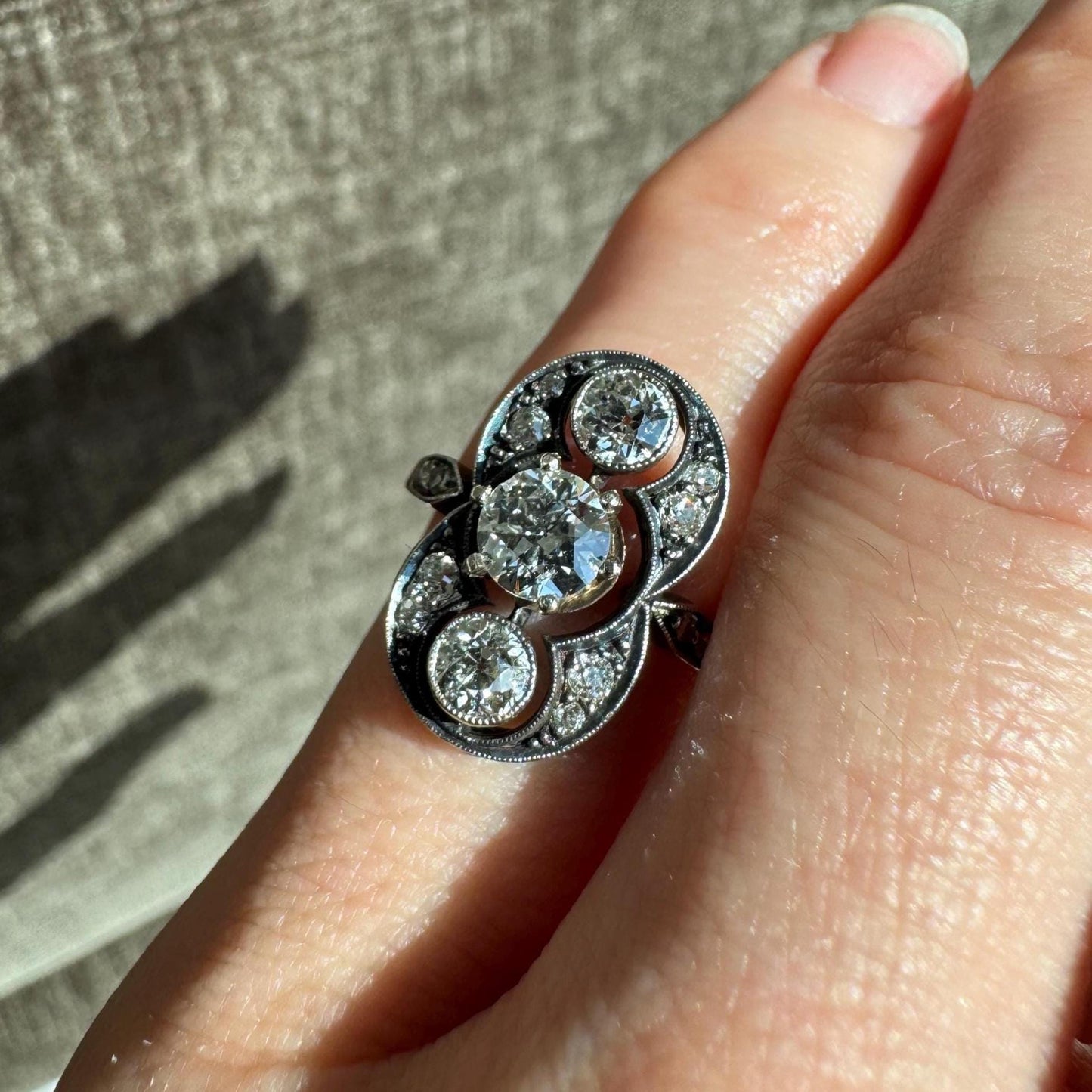 Art Nouveau 1.13 CTW Natural European Cut Diamond & 14k Solid White Gold Ring