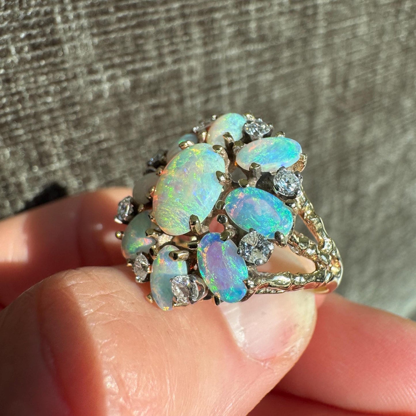 Stunning 14K Solid Yellow Gold Natural Opal and Diamond Ring
