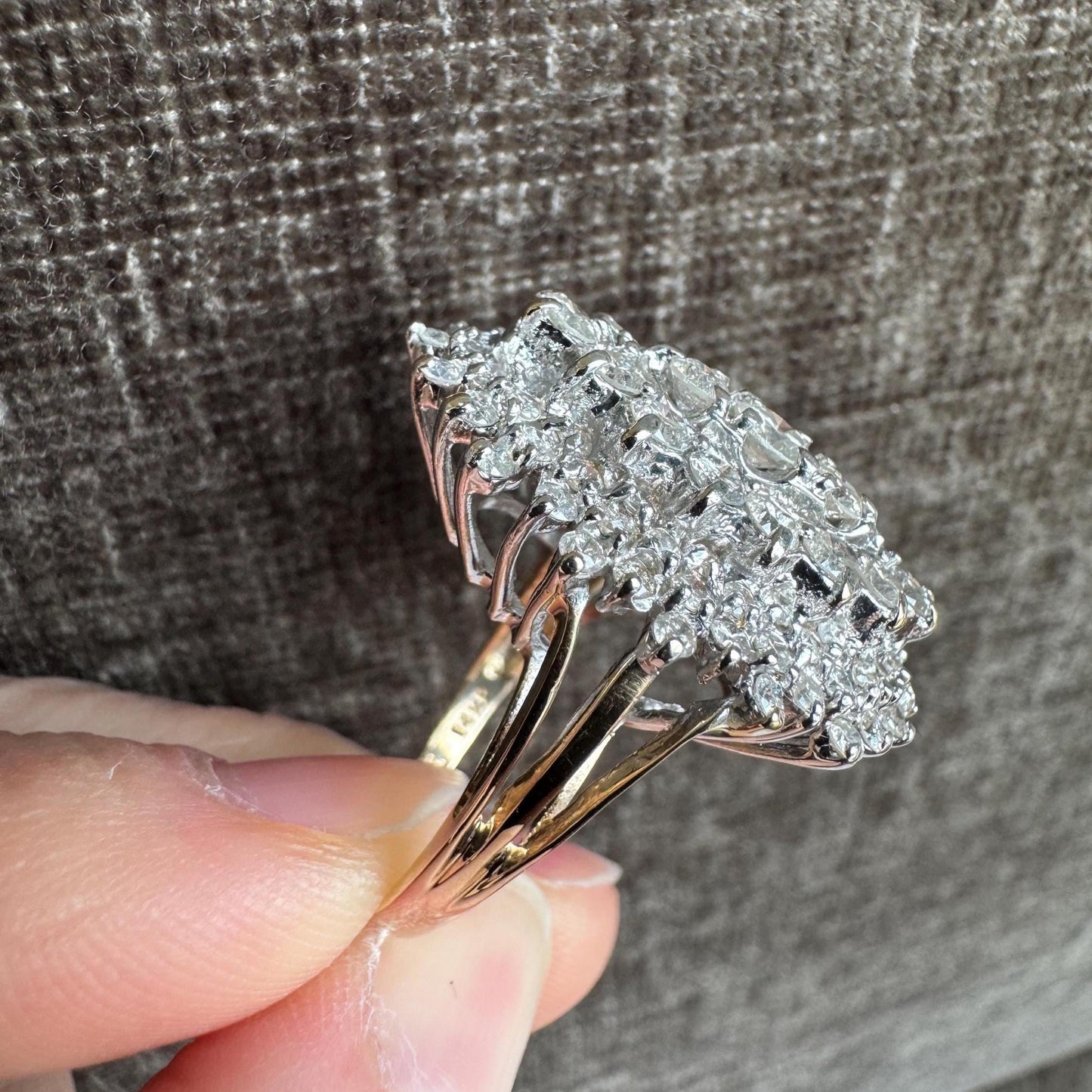 Vintage 14k Solid Yellow & White Gold 2.5 Carat Diamond Statement Cluster Ring
