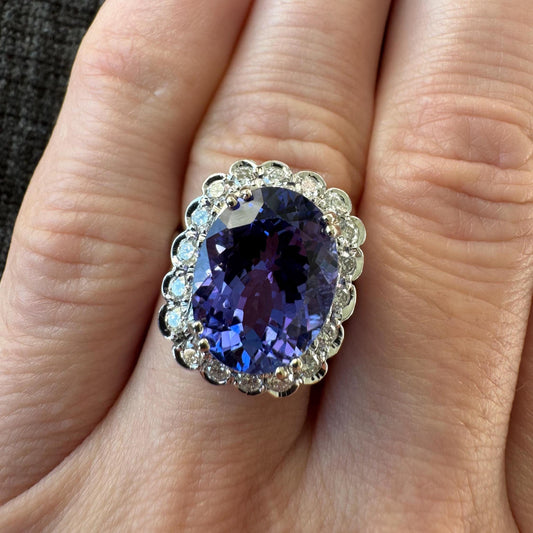 7.21 Carat Natural Untreated Tanzanite & 1 Carat Natural Diamond Ring in 18k Solid White Gold