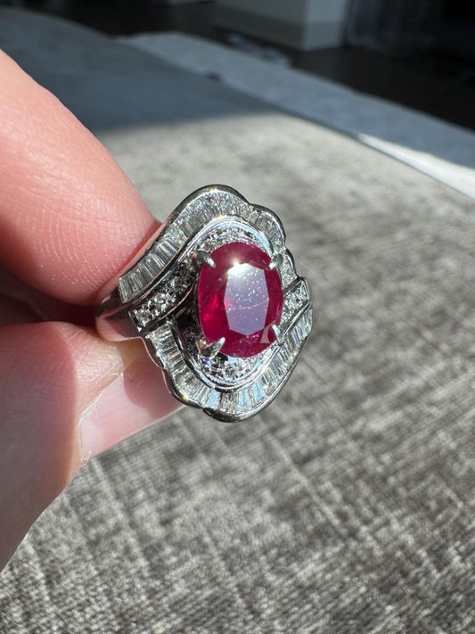 Solid Platinum Ruby and Diamond Ring, Size 6