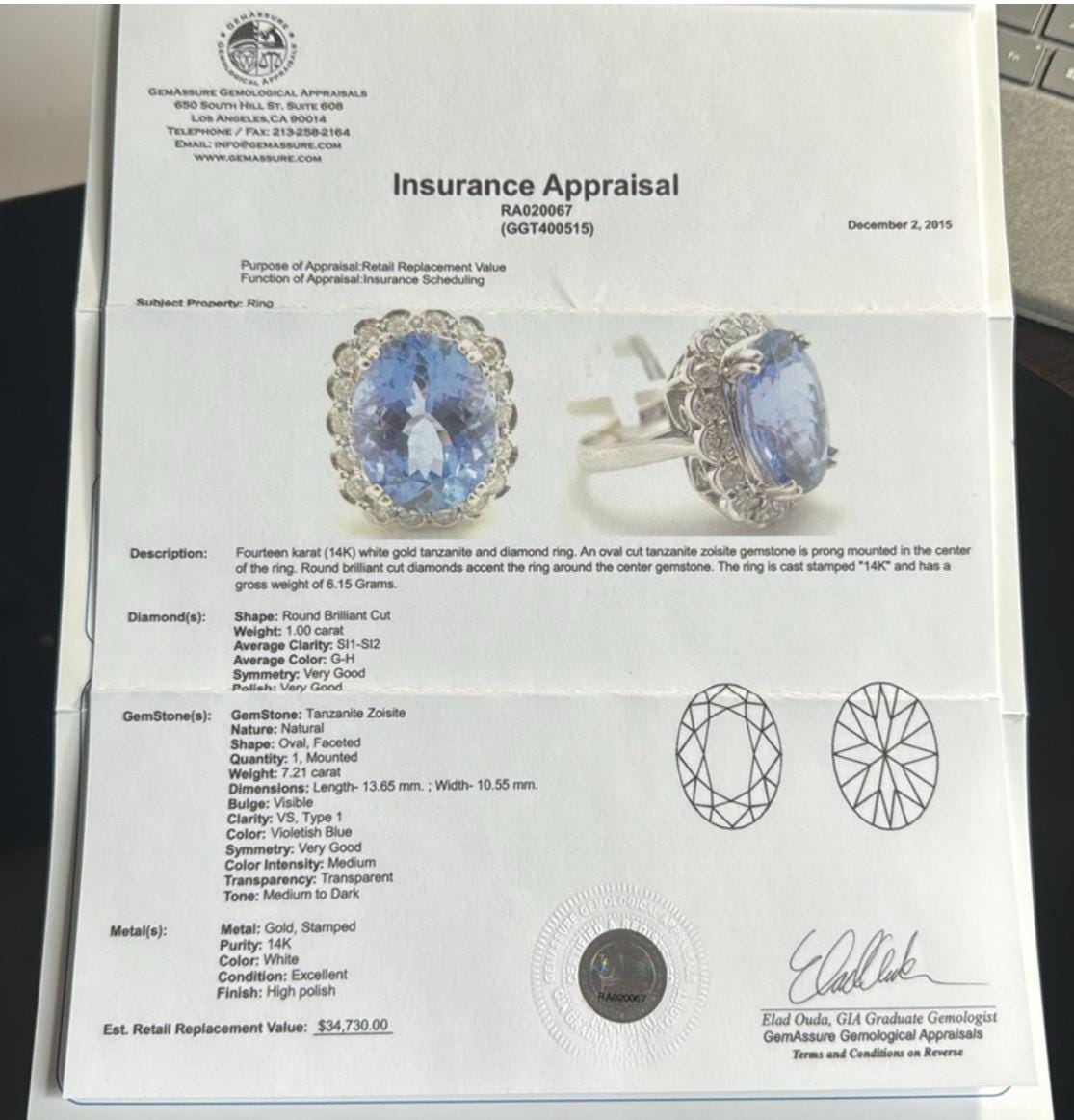 7.21 Carat Natural Untreated Tanzanite & 1 Carat Natural Diamond Ring in 18k Solid White Gold