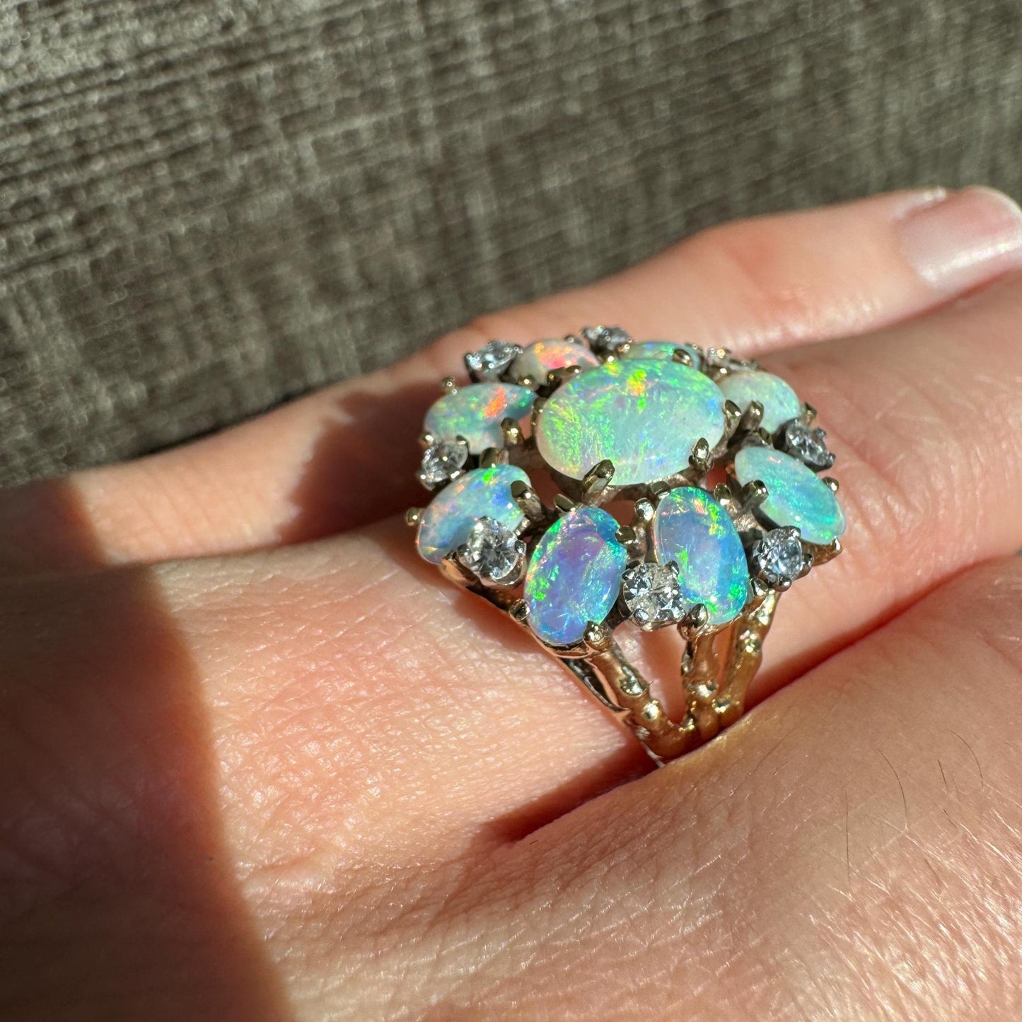 Stunning 14K Solid Yellow Gold Natural Opal and Diamond Ring