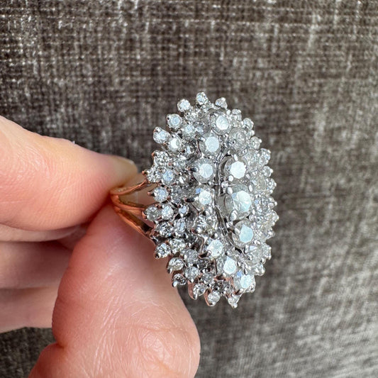 Vintage 14k Solid Yellow & White Gold 2.5 Carat Diamond Statement Cluster Ring