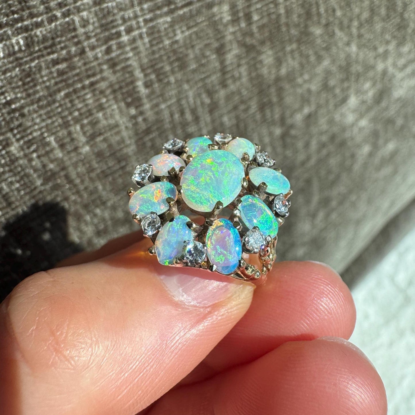 Stunning 14K Solid Yellow Gold Natural Opal and Diamond Ring
