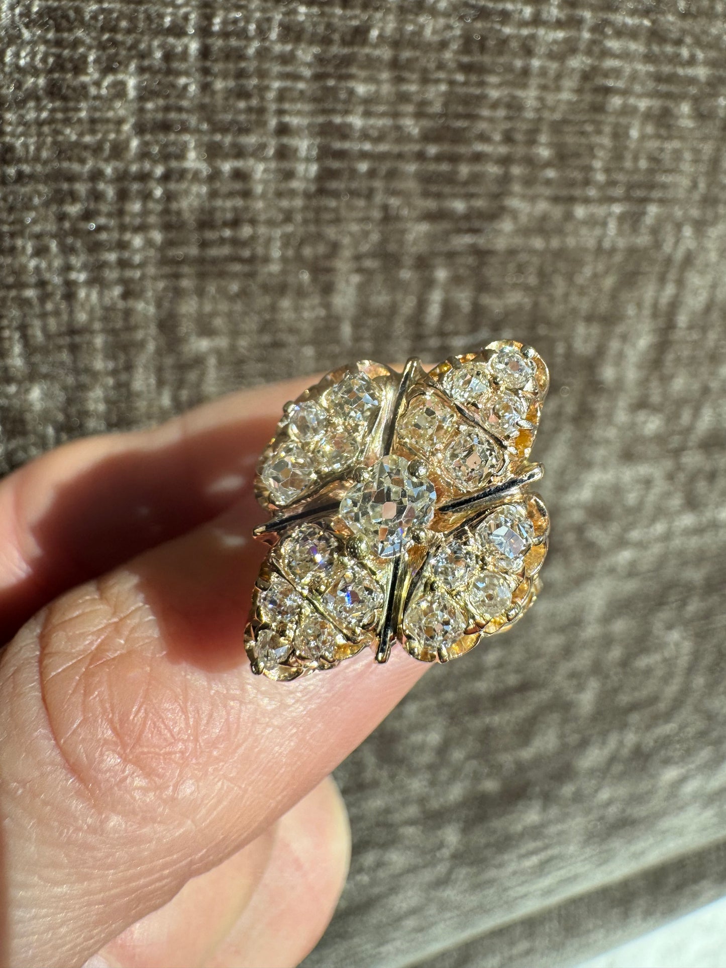 Antique Victorian 18K Gold Old Mine Cut Diamond Cluster Ring, Hand Engraved Estate Jewelry