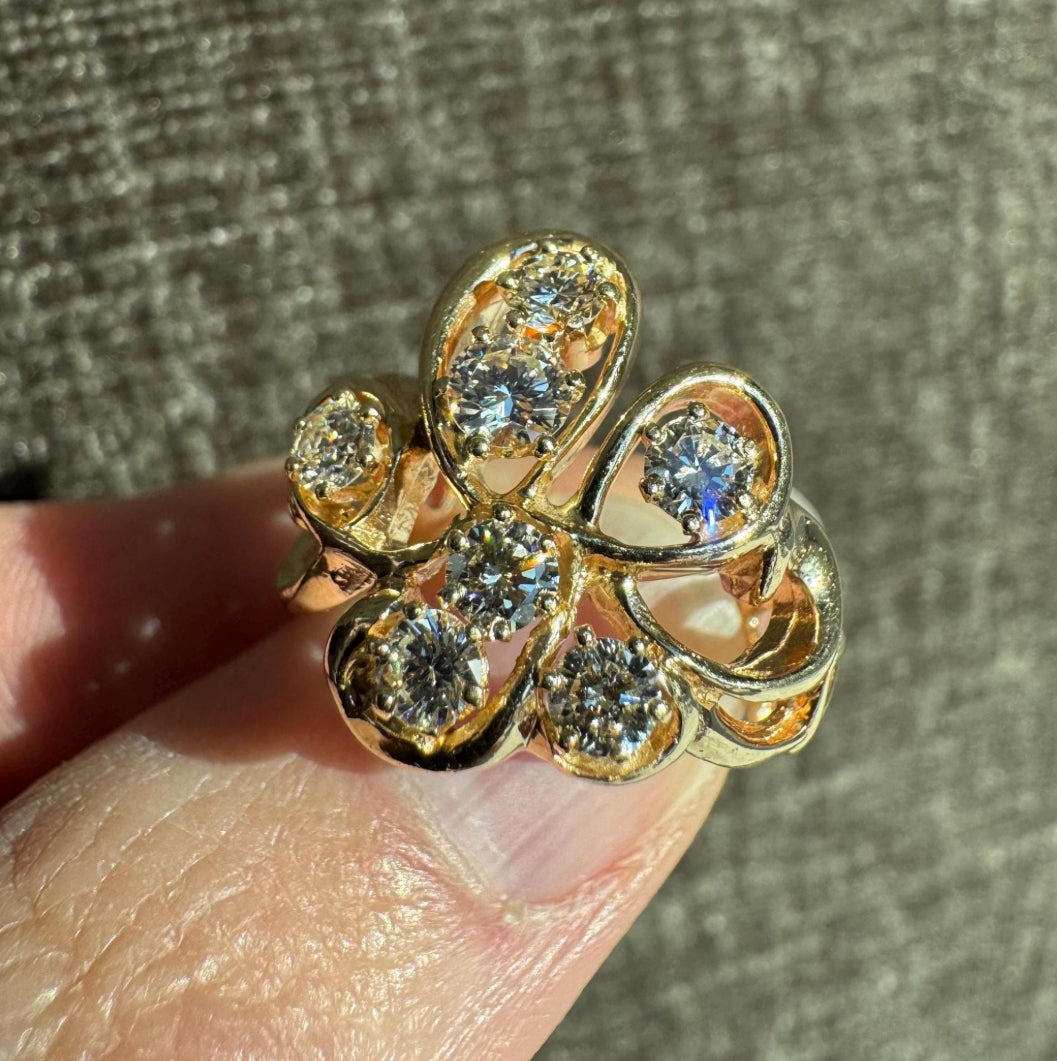 Vintage 14k Yellow Gold Natural Diamond Cluster Ring | Floral Freeform Design | Estate Jewelry