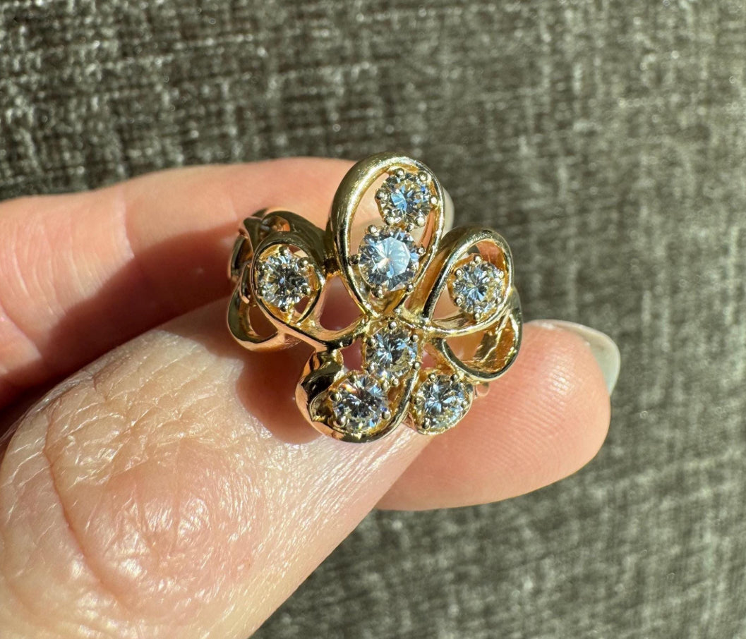 Vintage 14k Yellow Gold Natural Diamond Cluster Ring | Floral Freeform Design | Estate Jewelry
