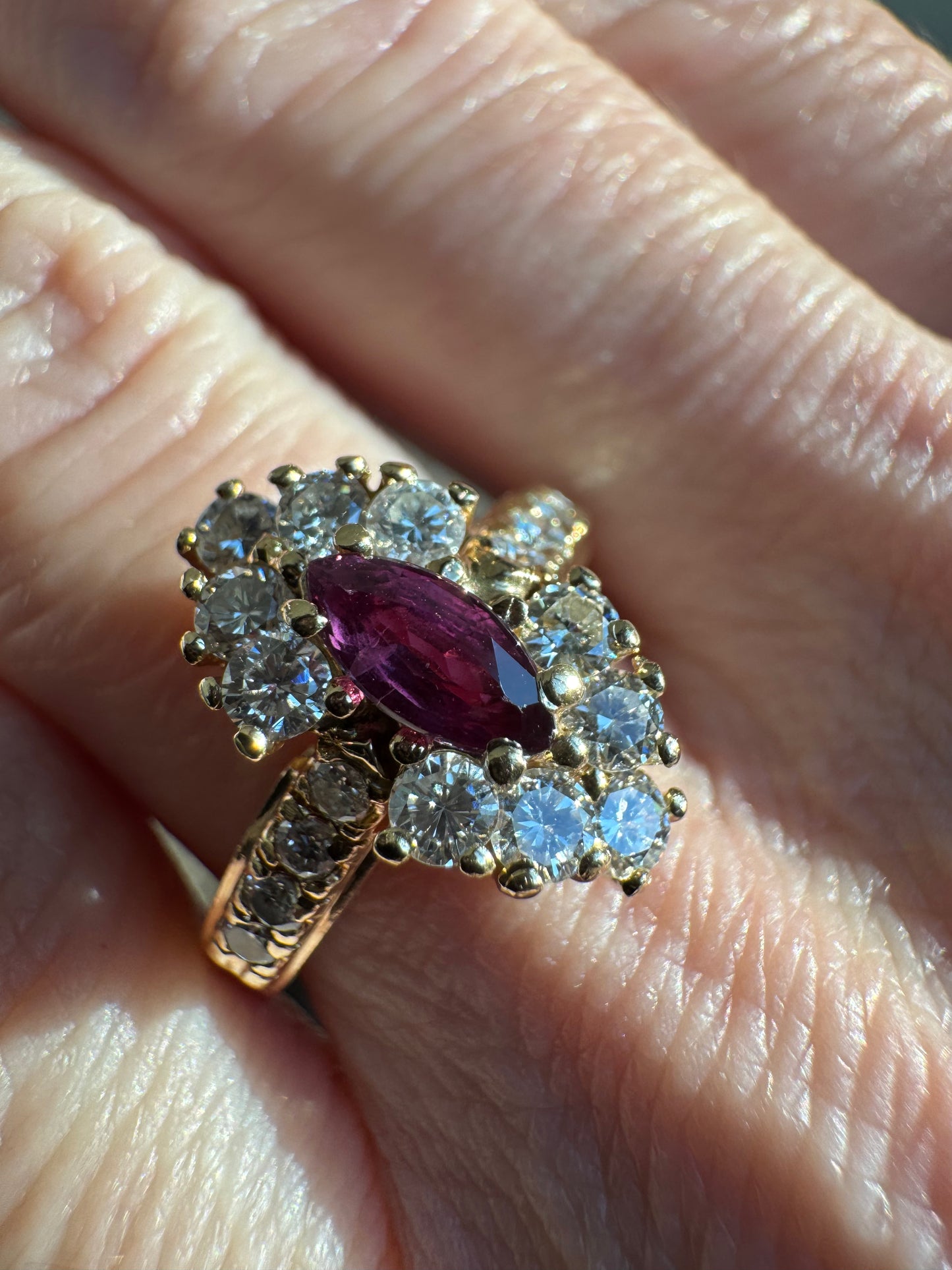 Vintage 14k Yellow Gold Natural Ruby & Diamond Cluster Ring - Size 6