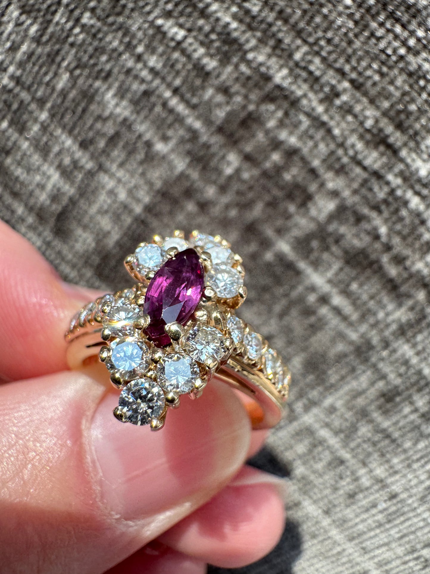 Vintage 14k Yellow Gold Natural Ruby & Diamond Cluster Ring - Size 6