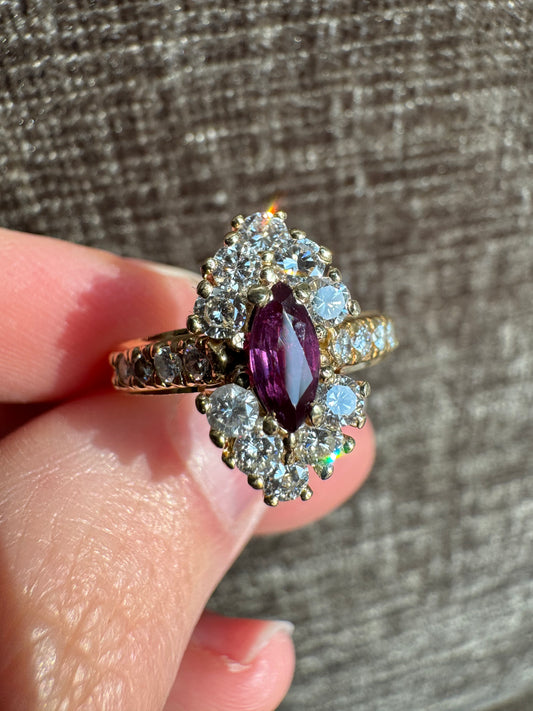 Vintage 14k Yellow Gold Natural Ruby & Diamond Cluster Ring - Size 6