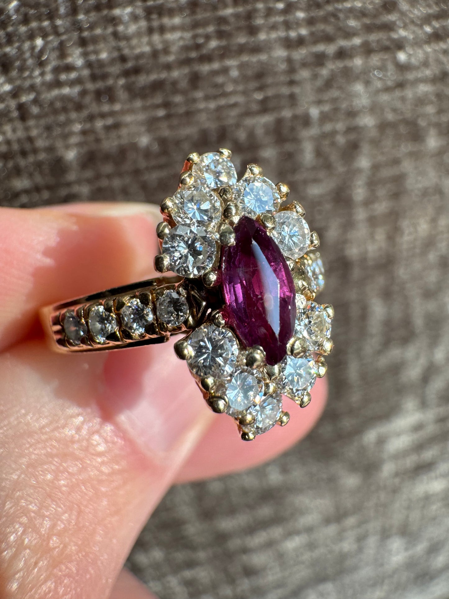Vintage 14k Yellow Gold Natural Ruby & Diamond Cluster Ring - Size 6