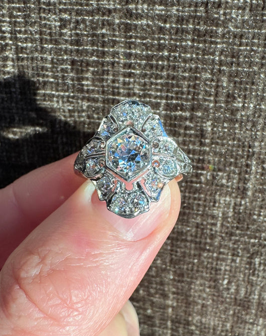 Vintage Art Deco Platinum Old European Cut Diamond Ring
