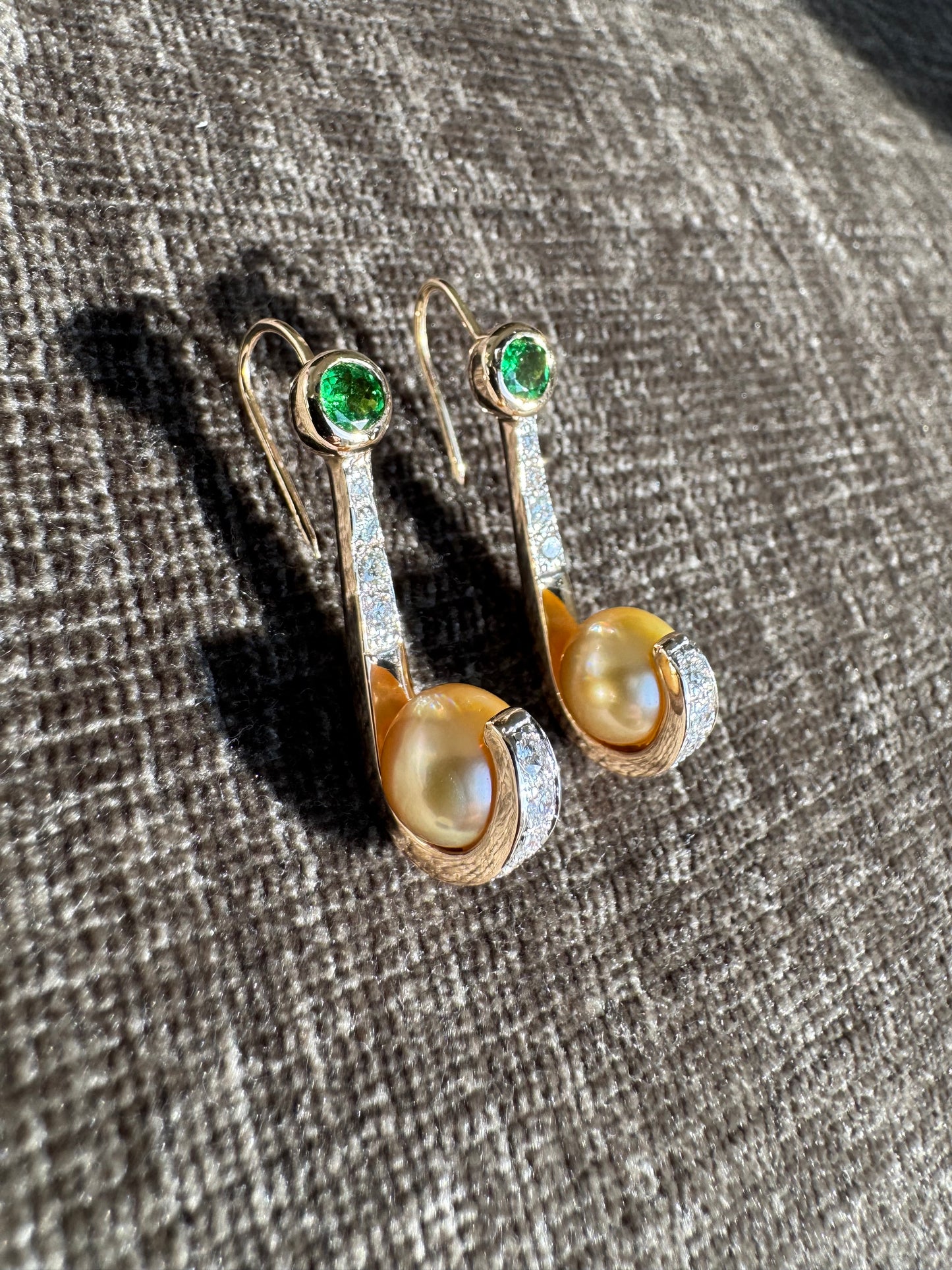 14K Sold Yellow Gold Earrings 9mm Golden Pearls with Diamonds and Tsavorite
