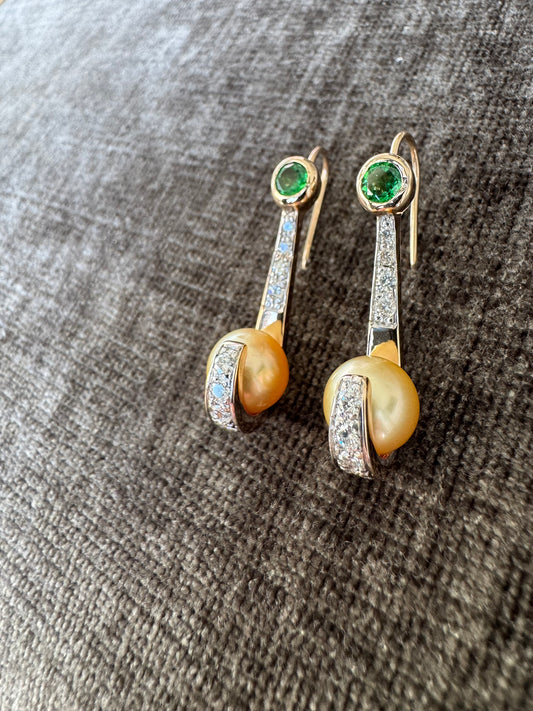 14K Sold Yellow Gold Earrings 9mm Golden Pearls with Diamonds and Tsavorite