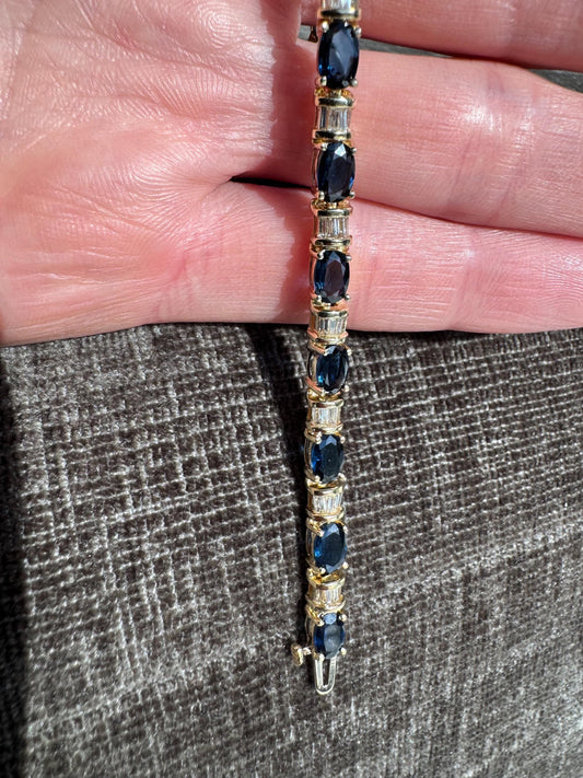 Solid 14k Yellow Gold Natural 10 Carat Sapphire & 2 Carat Diamond Bracelet