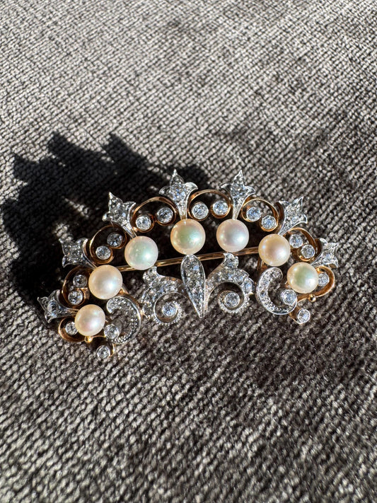 Vintage 14k Solid Yellow Gold and Platinum Natural Pearl & Diamond Brooch
