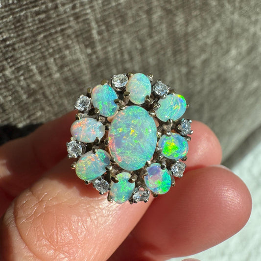 Stunning 14K Solid Yellow Gold Natural Opal and Diamond Ring