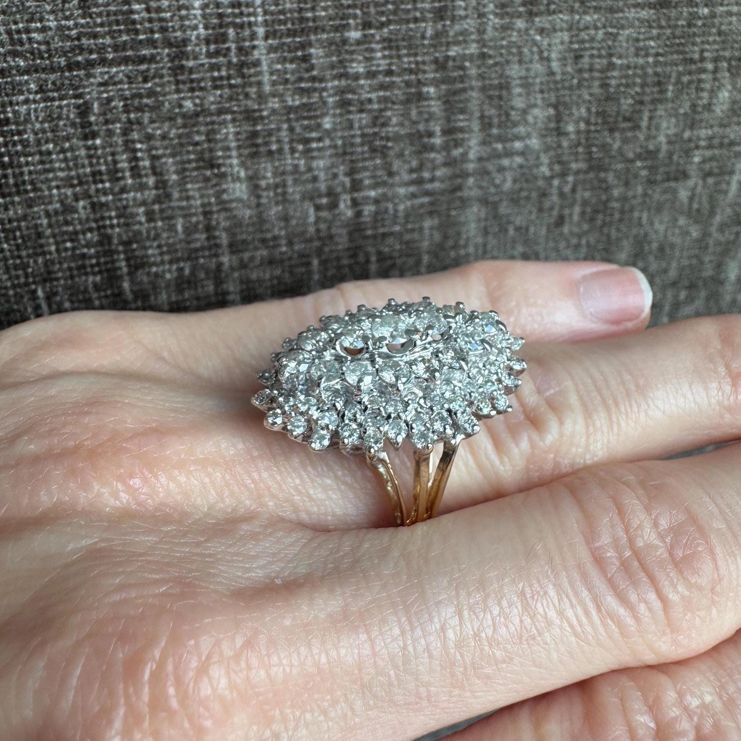 Vintage 14k Solid Yellow & White Gold 2.5 Carat Diamond Statement Cluster Ring