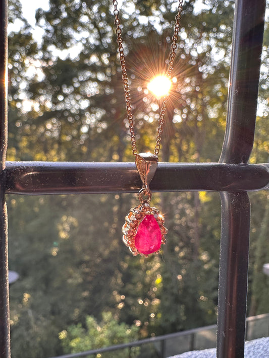 Vintage 14K Solid Yellow Gold 1.01 Carat Natural Vibrant Ruby and Diamond Halo Pendant