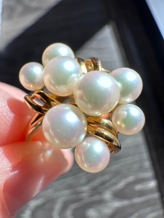 Vintage Estate 18k Solid Yellow Gold Mikimoto 8 Pearl Ring