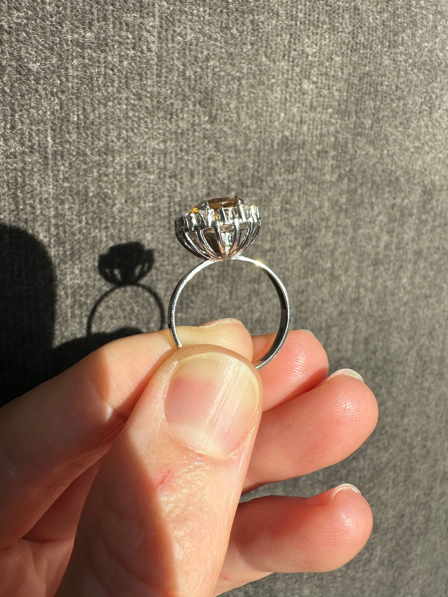 Stunning Vintage 14K Solid White Gold Natural Citrine and Diamond Ring