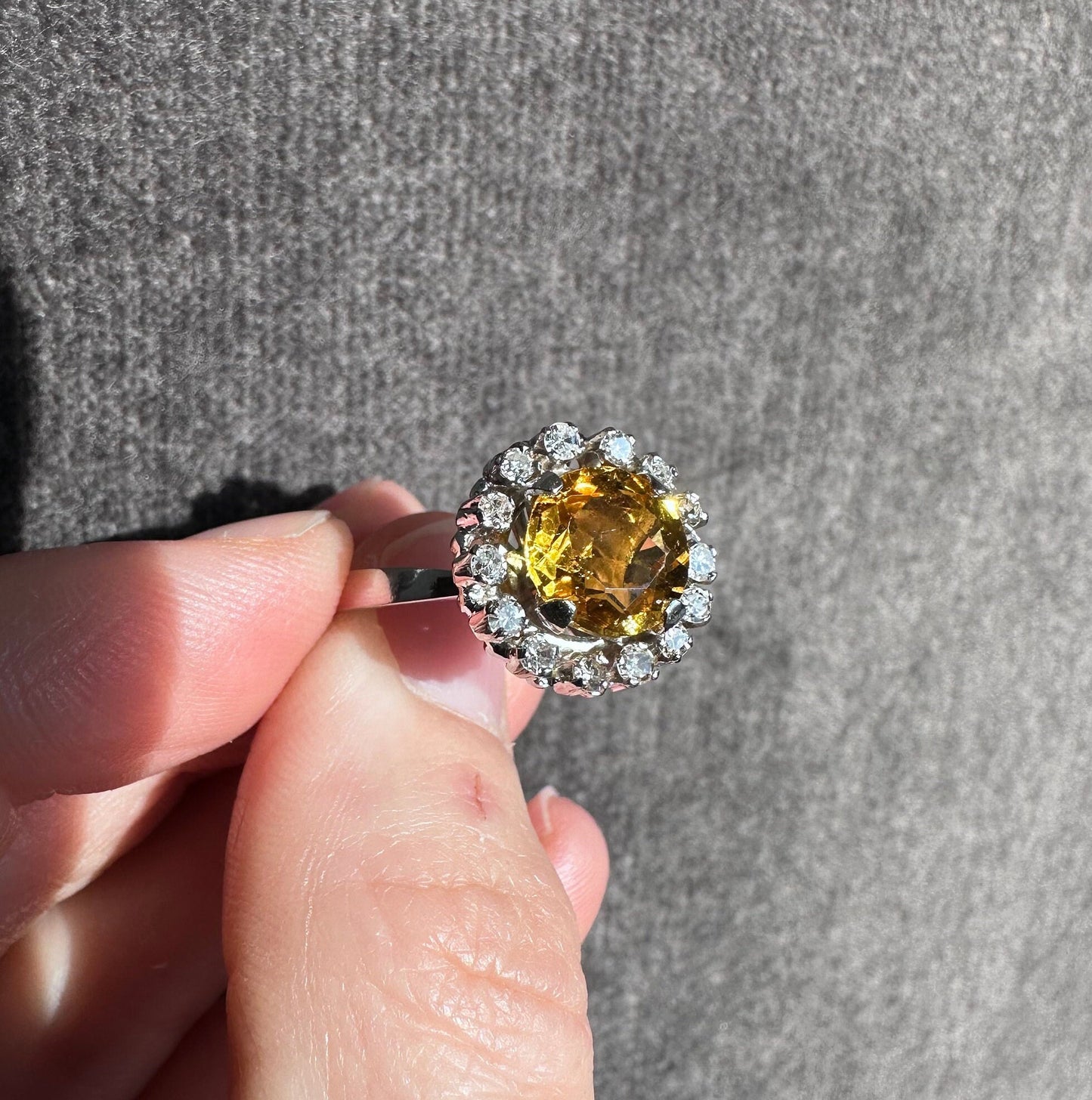 Stunning Vintage 14K Solid White Gold Natural Citrine and Diamond Ring