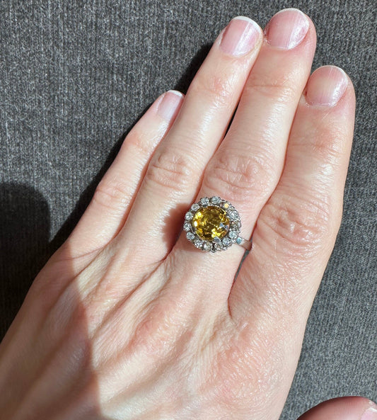 Stunning Vintage 14K Solid White Gold Natural Citrine and Diamond Ring