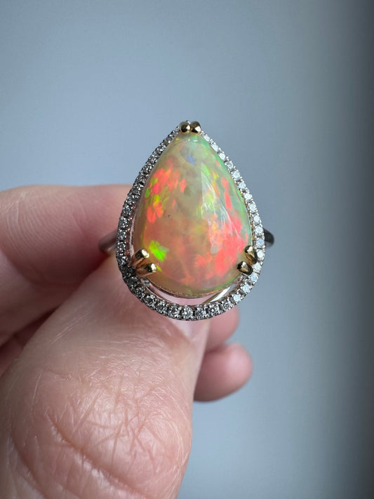 14K Solid Gold Natural Fire Opal and Diamond Ring