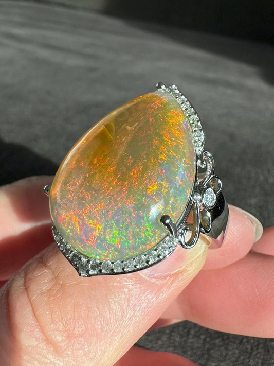 14K Solid White Gold 20.90 CT Natural Fire Opal and 0.43 Diamond Ring