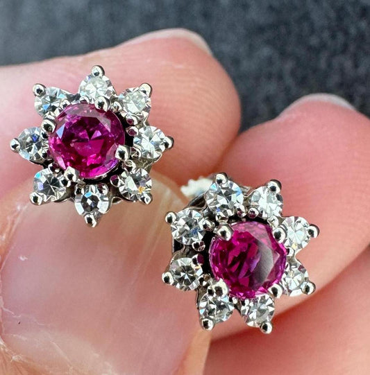 Stunning Estate Natural Ruby & Diamond Earrings Set in 14k Solid White Gold