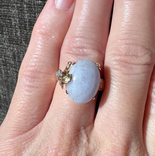 Vintage Natural Lavender Jade and Diamond 14k Solid Gold Ring