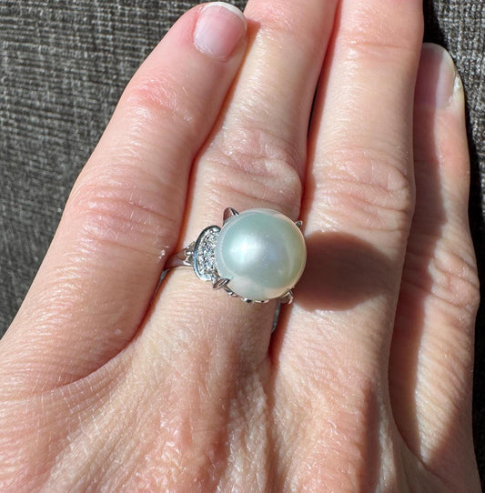 Estate Solid Platinum Natural Pearl (Large) and Diamond Ring
