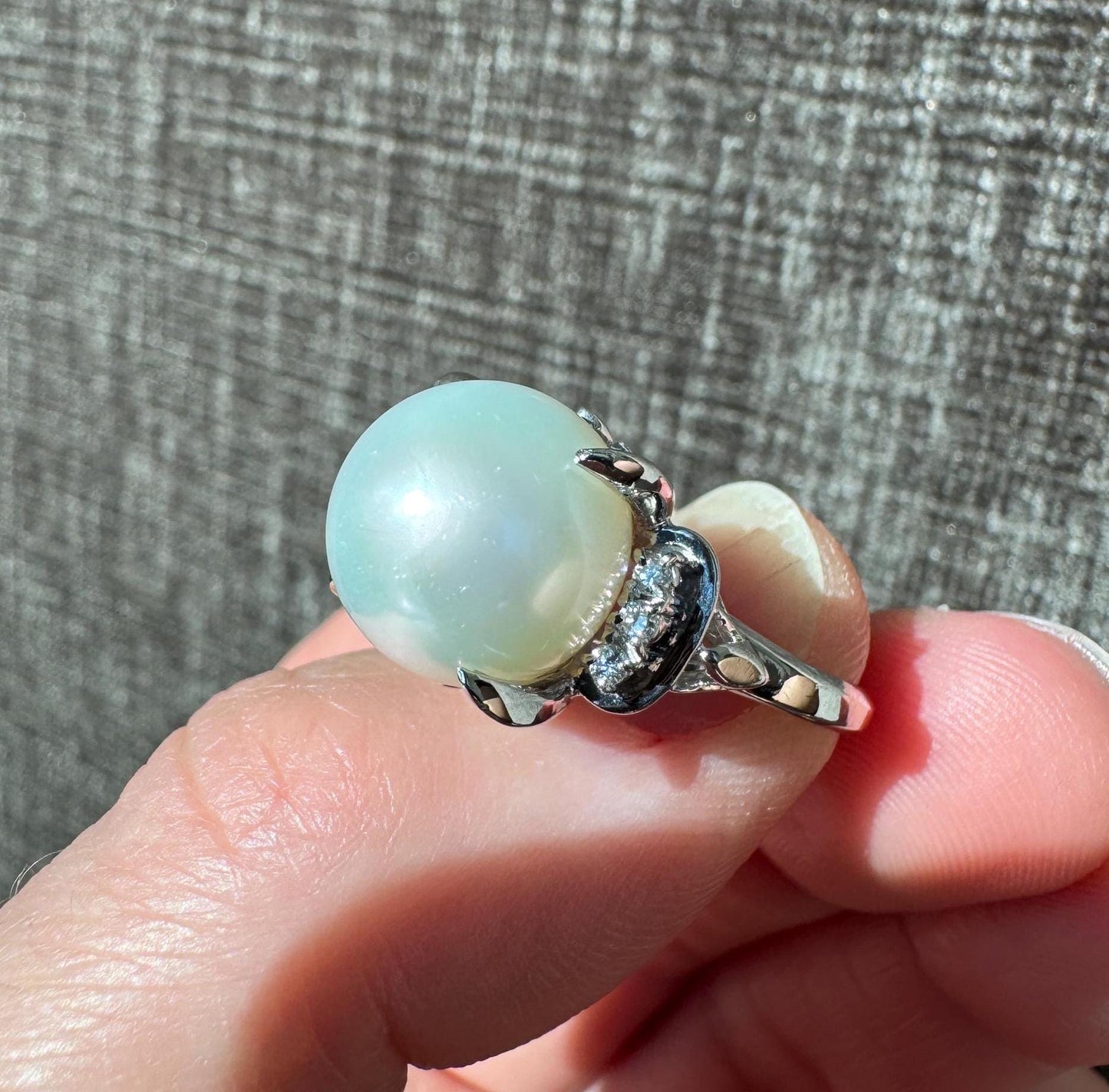 Estate Solid Platinum Natural Pearl (Large) and Diamond Ring