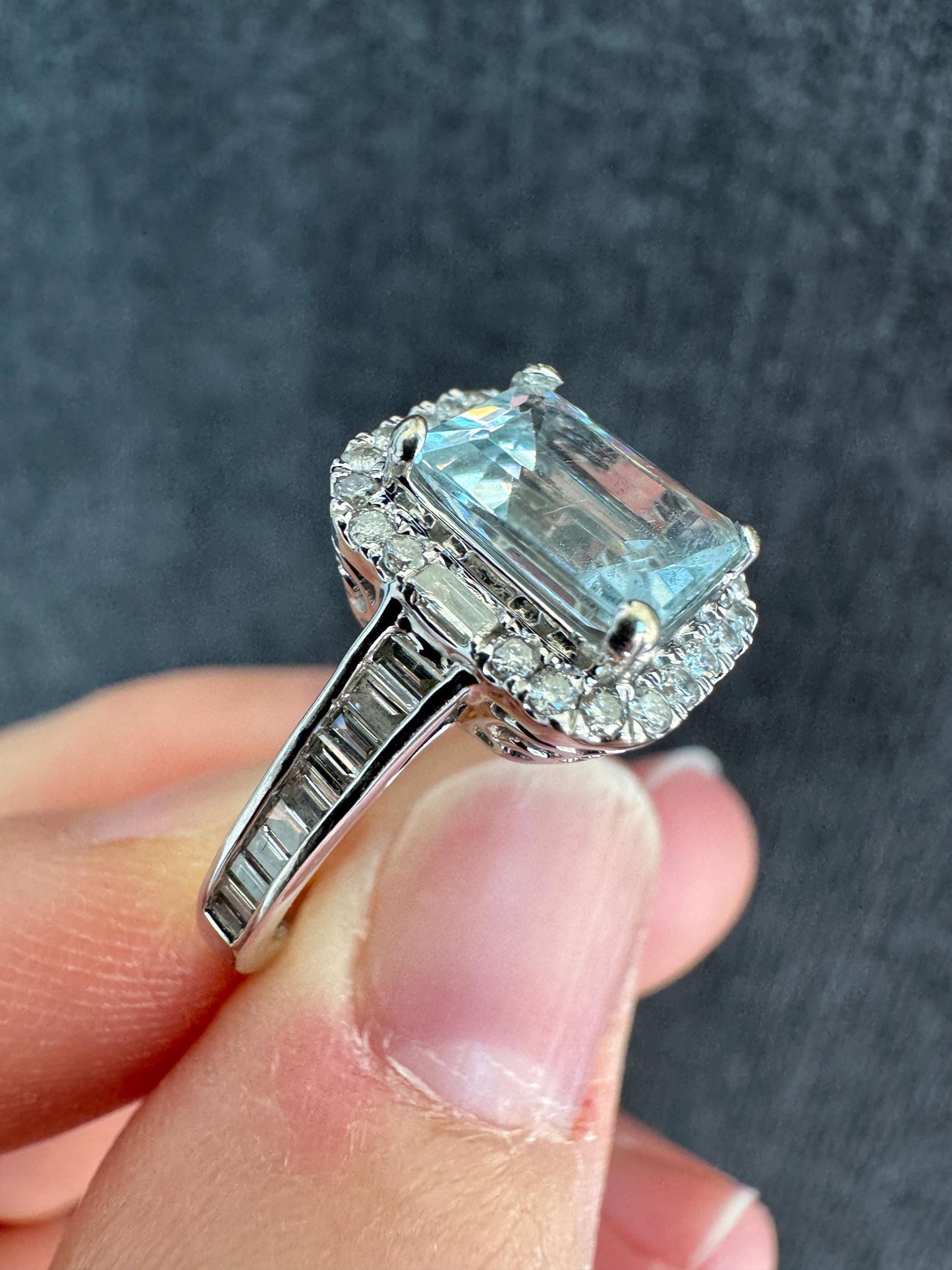 Vintage Brilliant 14k White Gold Natural Aquamarine and Diamond Ring