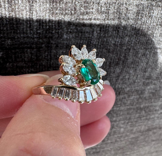 Estate Solid 14k Natural Emerald & Diamond Contemporary Asymmetric Bypass Style Ring