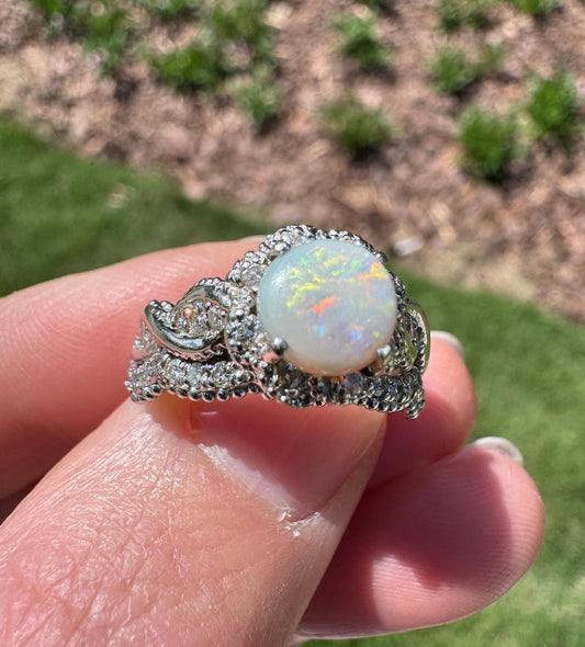 Beautiful 14k Solid White Gold Natural Opal & Diamond Ring and Band Set