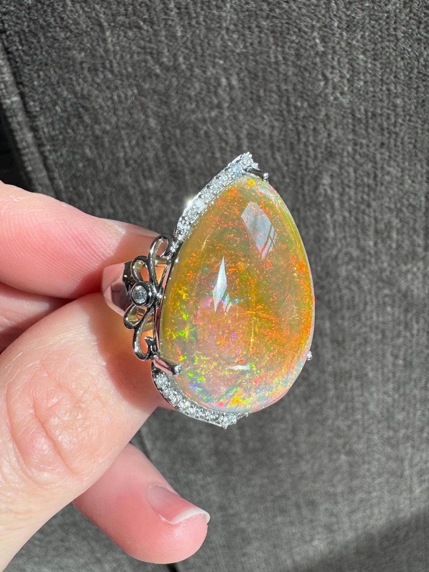 14K Solid White Gold 20.90 CT Natural Fire Opal and 0.43 Diamond Ring