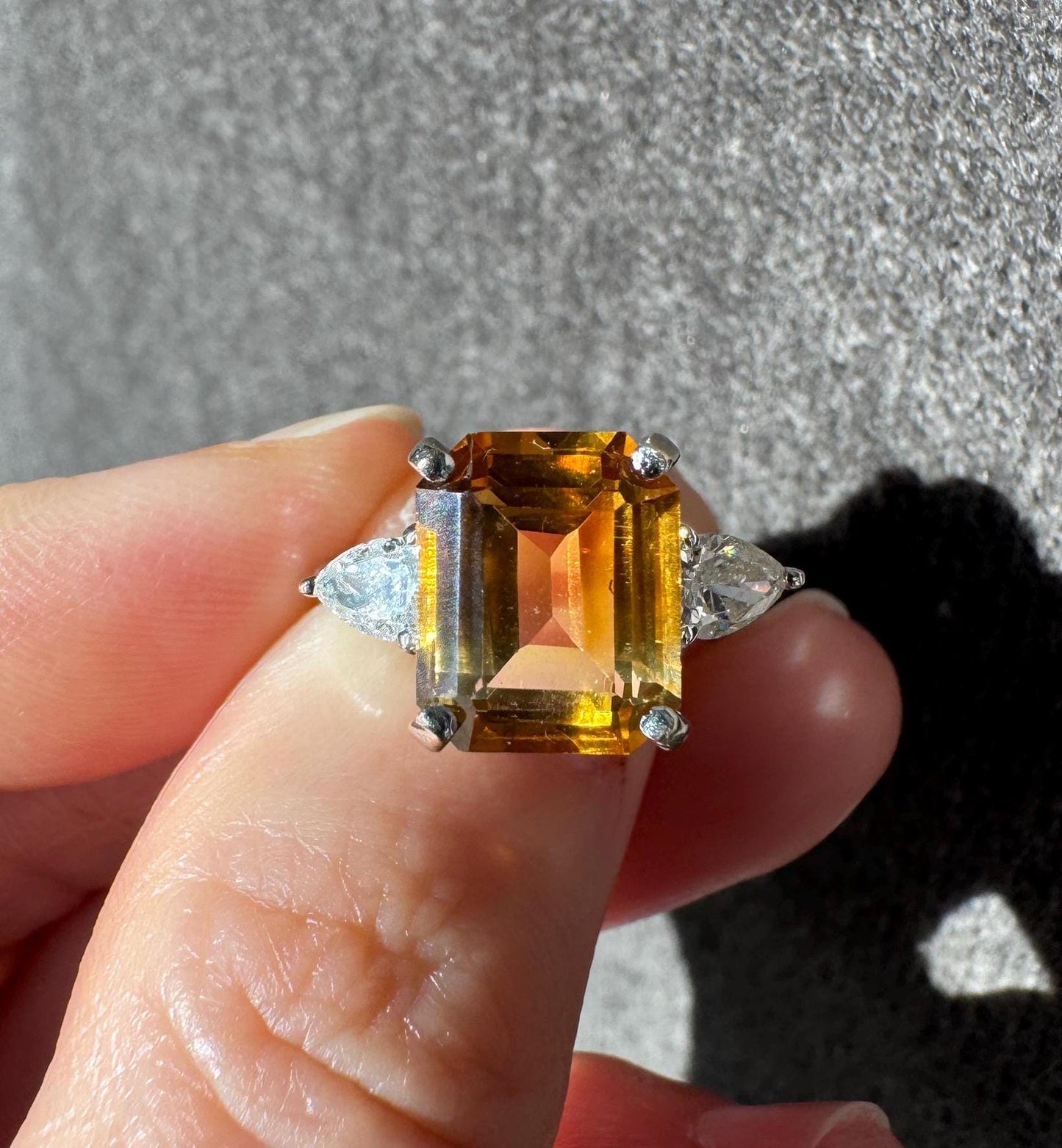 Stunning Vintage 18K Solid White Gold Natural Citrine and Diamond Ring