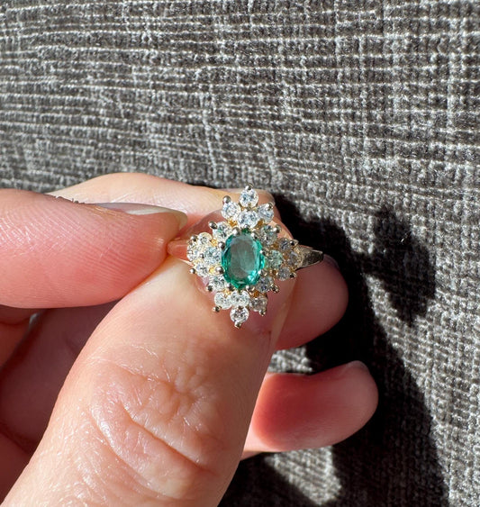 Estate Solid 14k Natural Emerald & Diamond Ballerina Ring