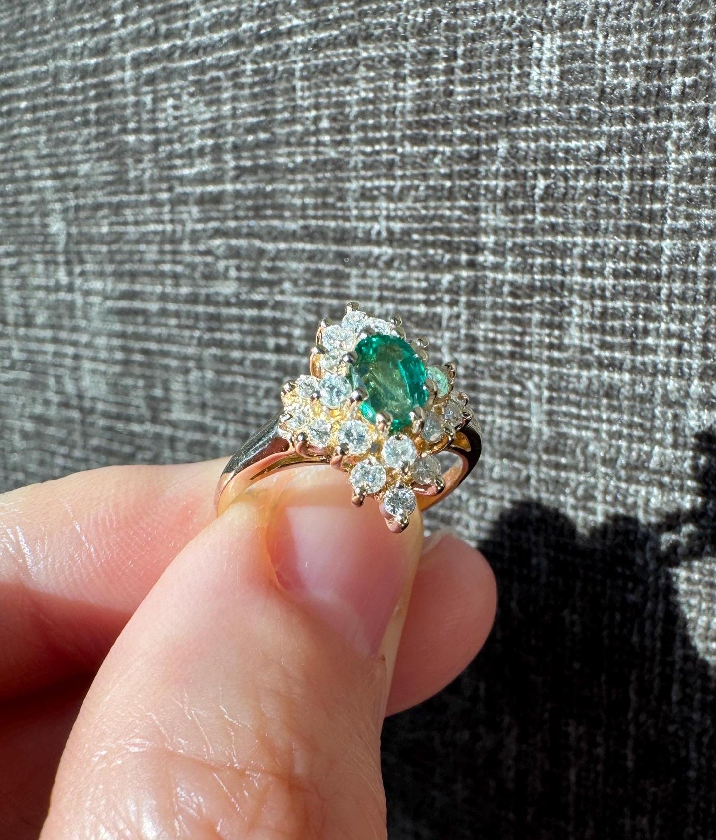 Estate Solid 14k Natural Emerald & Diamond Ballerina Ring