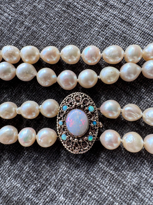 Beautiful Vintage Double-Strand Semi-Baroque Pearl Necklace with 14K Yellow Gold and Natural Opal Clasp