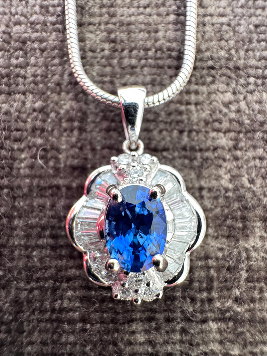 18k Solid White Gold Natural Sapphire & Diamond Necklace