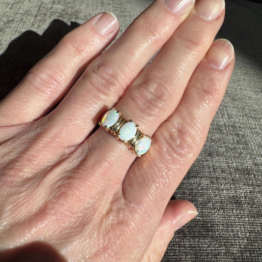 14K Solid Gold Natural Triple Fire Opal and Diamond Ring