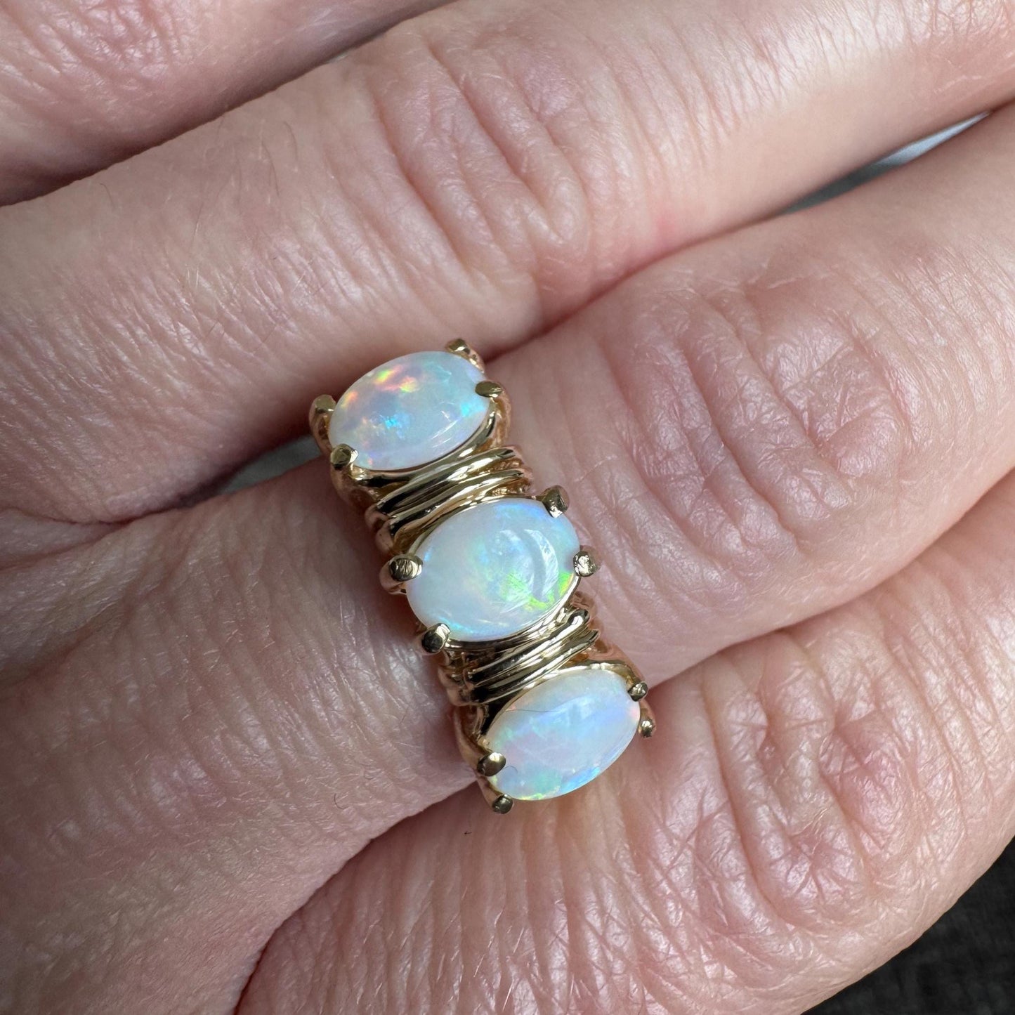 14K Solid Gold Natural Triple Fire Opal and Diamond Ring