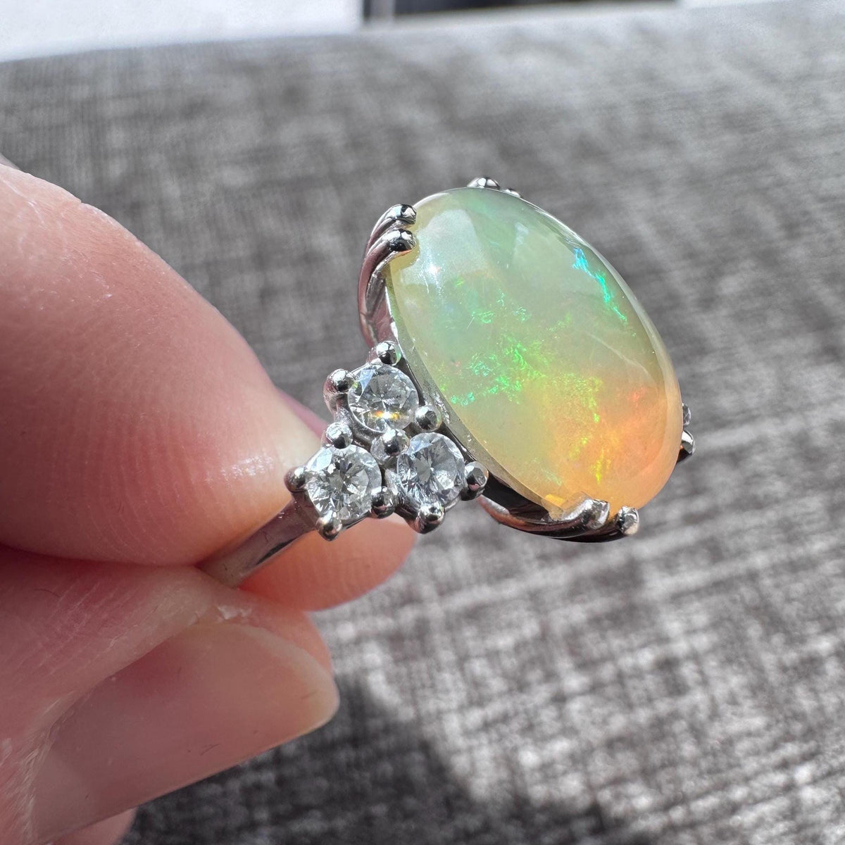 14K Solid Gold Natural Fire Opal Diamond Ring