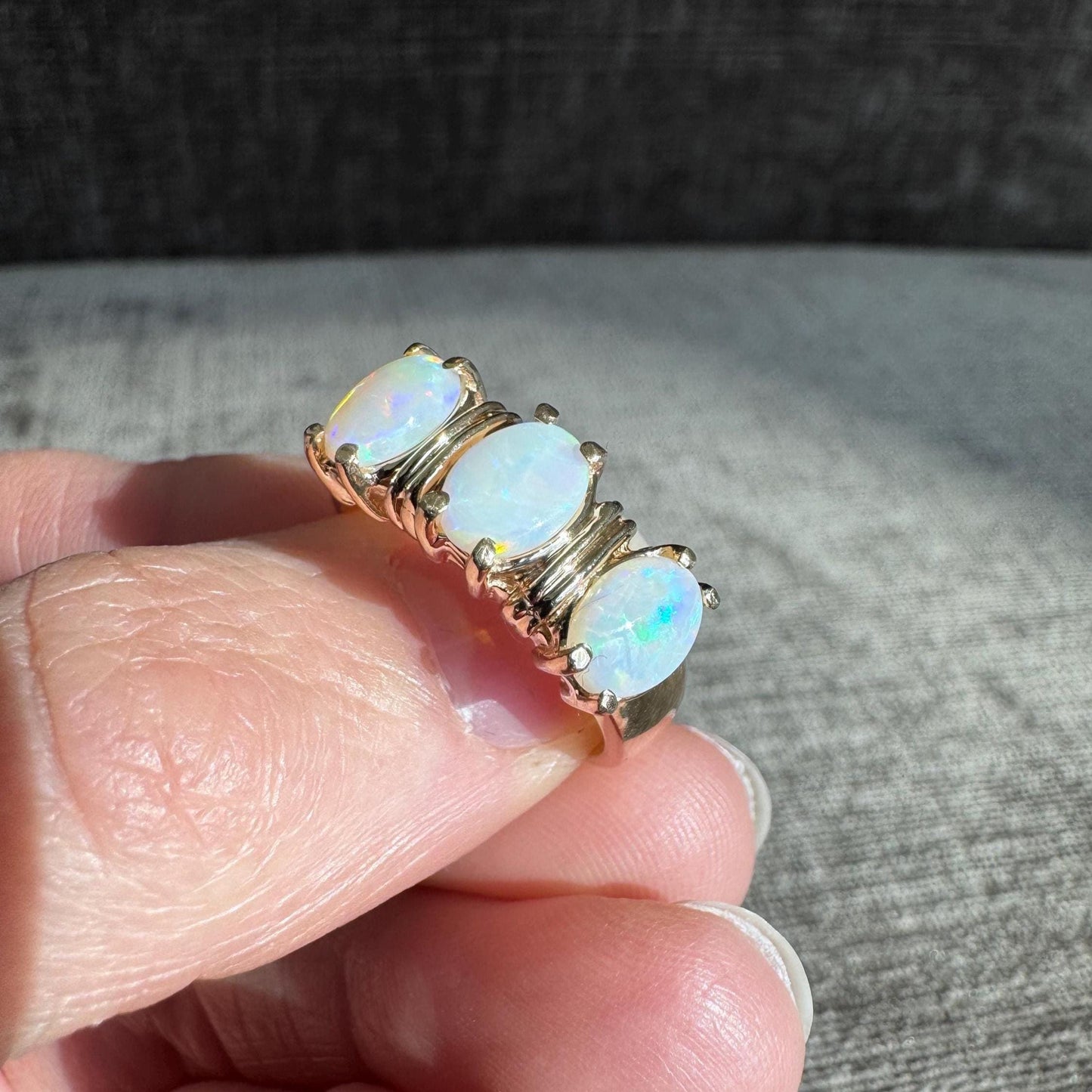 14K Solid Gold Natural Triple Fire Opal and Diamond Ring